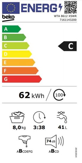 Beko WTA 8612 XSWR - Lavadora de 8kg y 1200rpm Clase C 55dBA